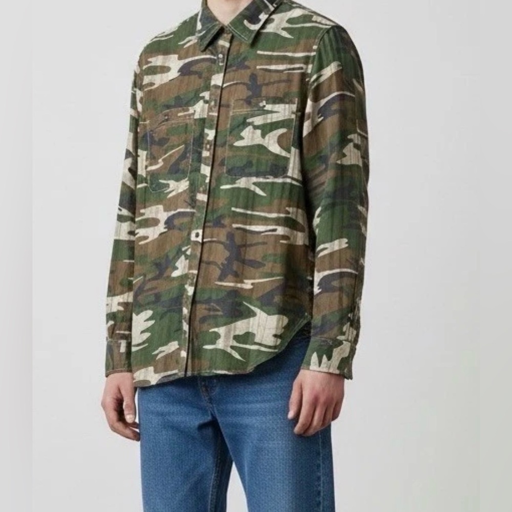 VTG Men Denim & Supply M green camo Print Button up  Long Sleeve Shirt cotton